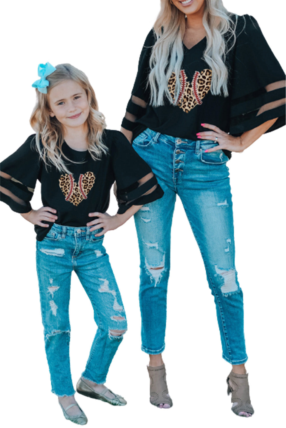 Black Leopard Heart Baseball Seam Print Moms Bell Sleeve Top Family T-shirts JT's Designer Fashion