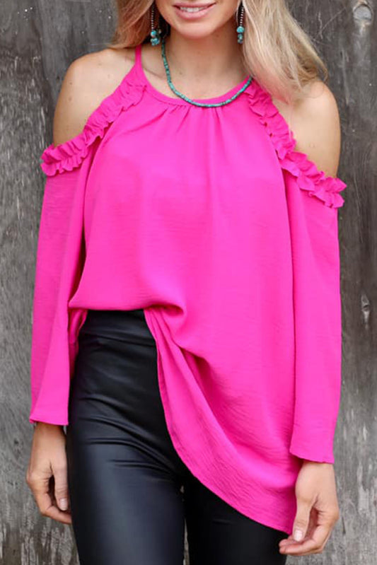 Rose Ruffled Cold Shoulder Long Sleeve Top Rose 100%Polyester Long Sleeve Tops JT's Designer Fashion