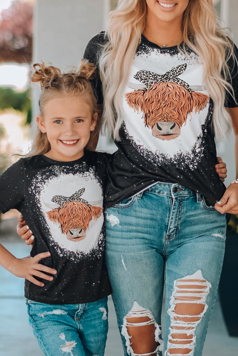 Black Family Matching Cow Head Graphic Print Color Block Girl's Top Family T-shirts JT's Designer Fashion