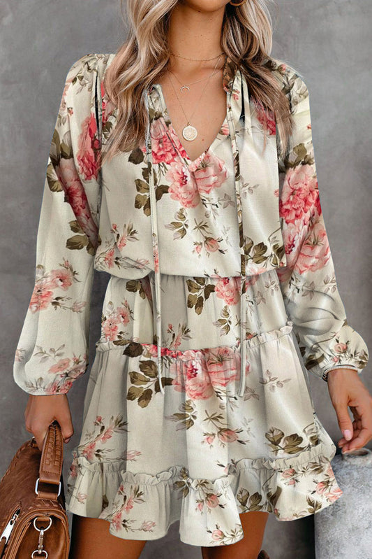 Beige Floral Split Neck Cinched Waist Ruffle Mini Dress Dresses JT's Designer Fashion