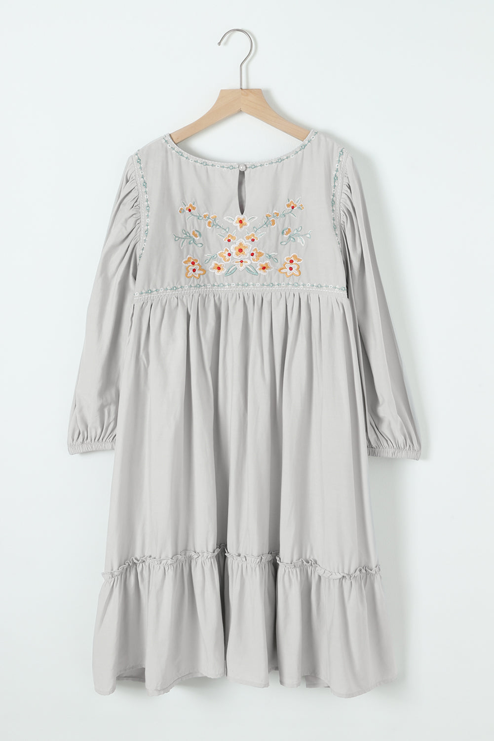 Gray Floral Embroidered Long Sleeve Babydoll Mini Dress Mini Dresses JT's Designer Fashion