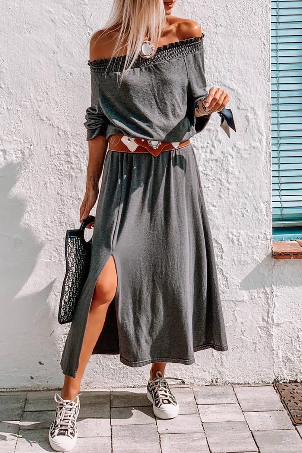 Gray Shirred Off Shoulder Maxi Dress with Split Gray 65%Polyester+30%Cotton+5%Elastane Maxi Dresses JT's Designer Fashion