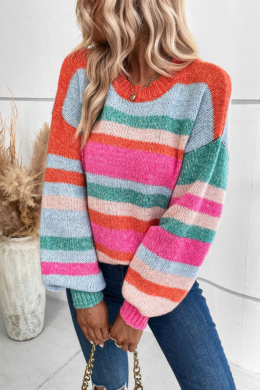 Multicolor Striped Knit Drop Shoulder Puff Sleeve Sweater Pre Order Sweaters & Cardigans JT's Designer Fashion