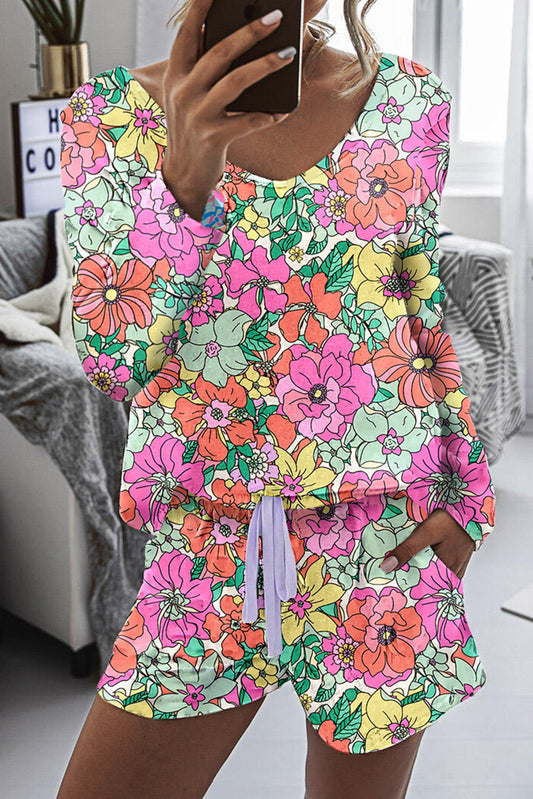 Multicolor Flower Print Long Sleeve Pullover and Drawstring Shorts Lounge Set Loungewear JT's Designer Fashion