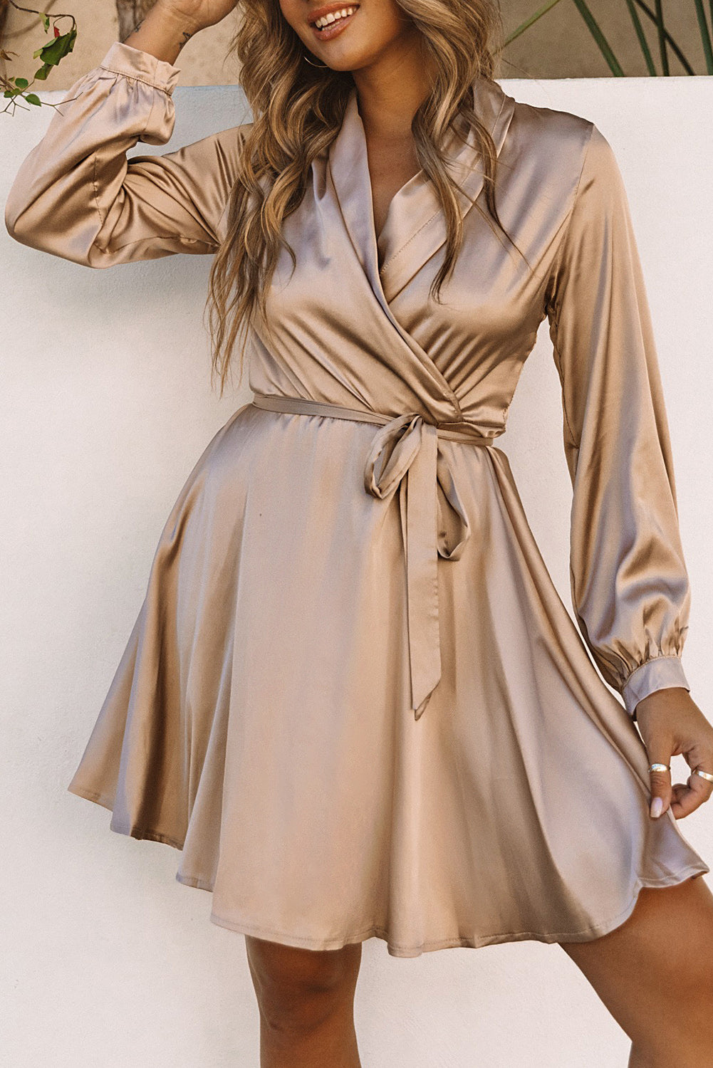 Apricot Satin V Neck Wrap Long Sleeve Dress with Tie Mini Dresses JT's Designer Fashion