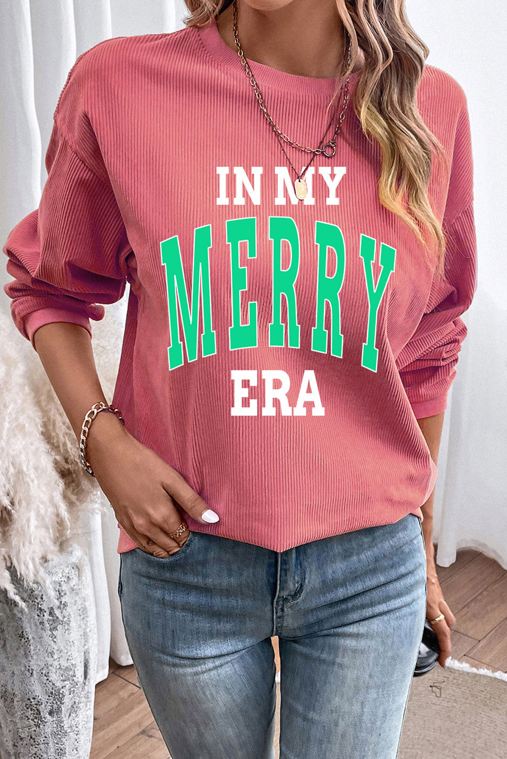 Strawberry Pink IN MY MERRY ERA Loose Fit Corded Sweatshirt Graphic Sweatshirts JT's Designer Fashion