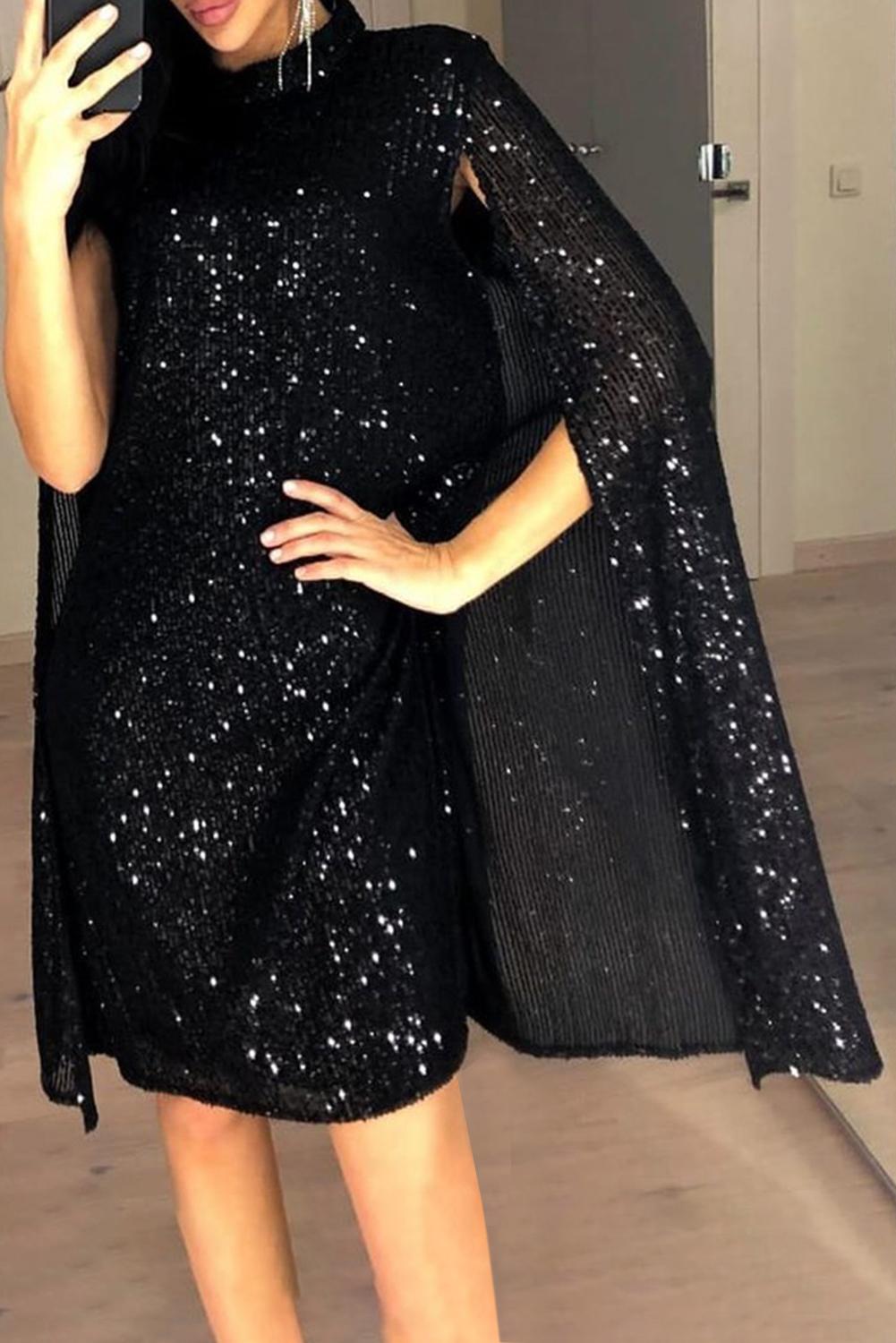 Black Glitter Mock Neck Cape Design Sequins Dress Sequin Dresses JT's Designer Fashion