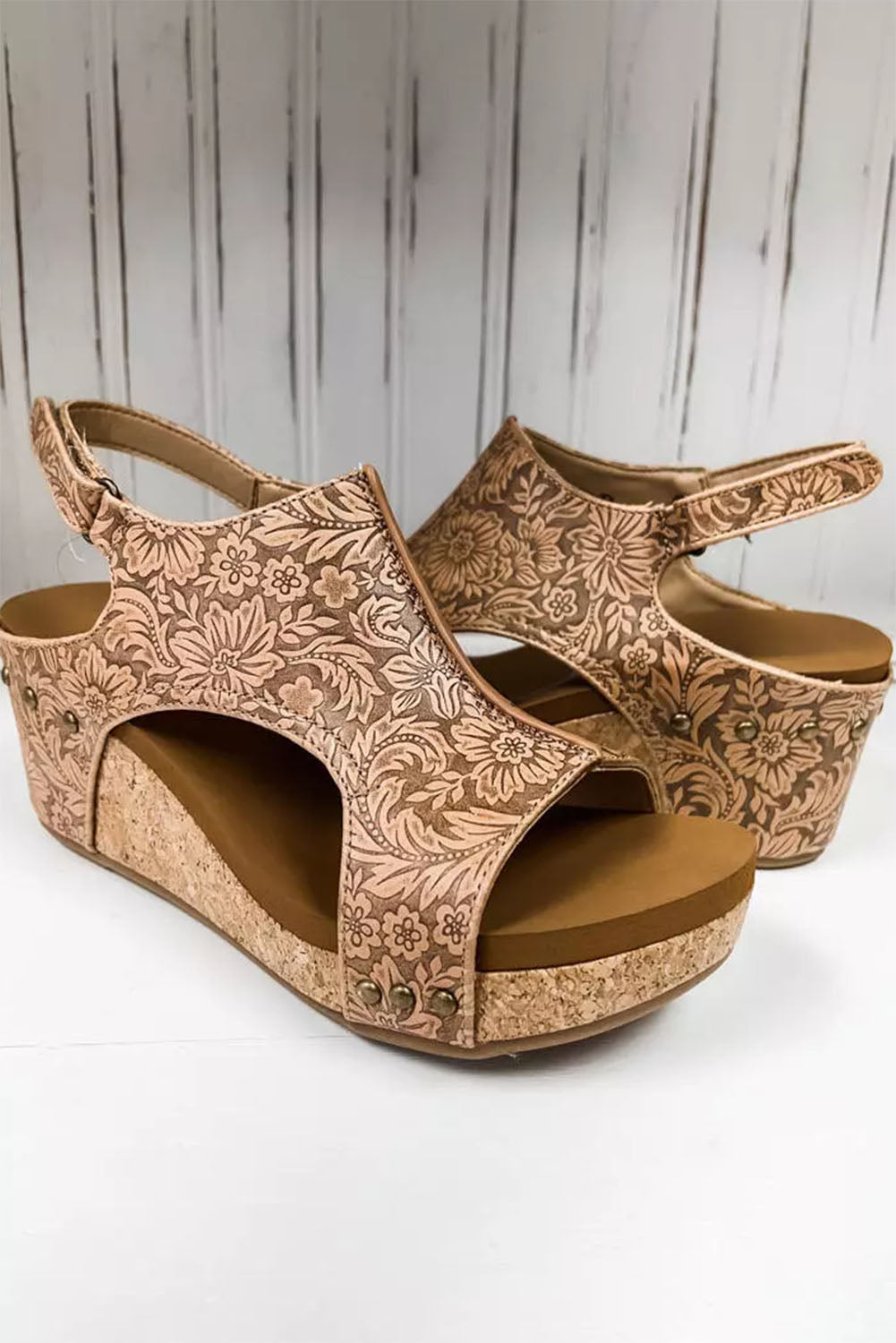 Brown Vintage Floral Leather Rivet Hollowed Platform Sandals Sandals JT's Designer Fashion