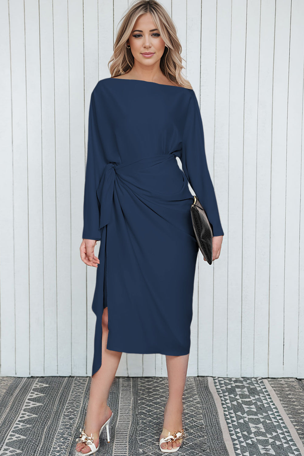 Blue Satin Wrap Tie Side Boat Neck Long Sleeve Dress Evening Dresses JT's Designer Fashion