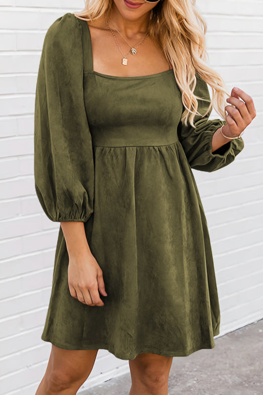Pickle Green Brown Suede Square Neck Flared Dress Dresses JT's Designer Fashion