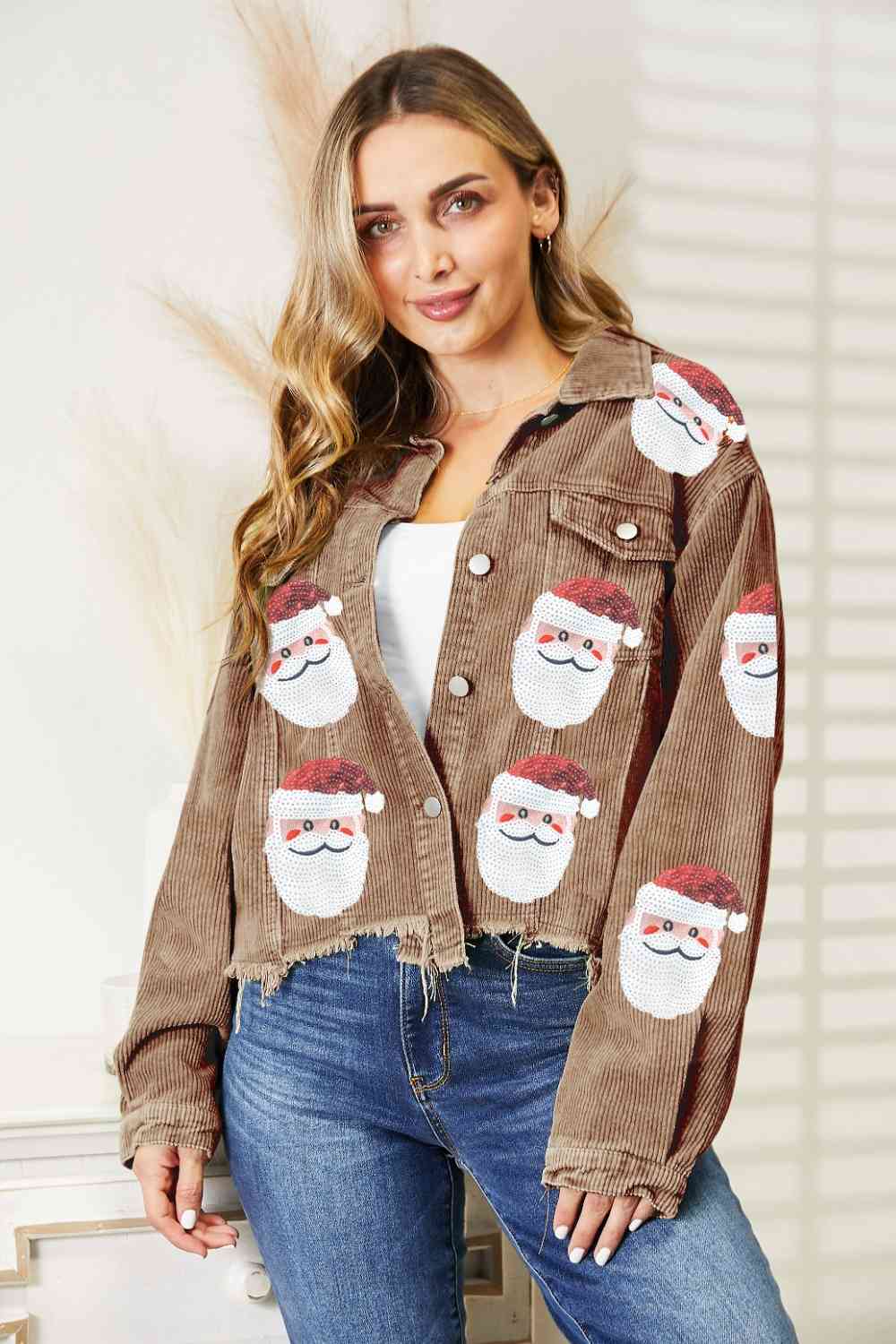 Santa Sequin Raw Hem Jacket Camel Coats & Jackets JT's Designer Fashion