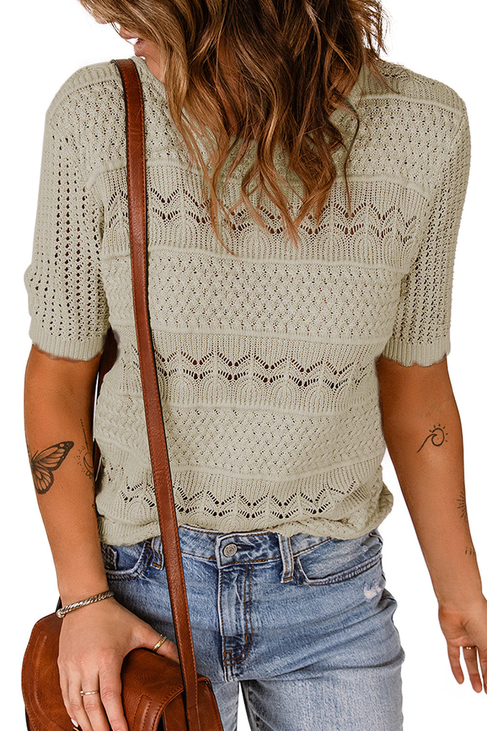Apricot Crochet Hollow-out Short Sleeve T-shirt Tops & Tees JT's Designer Fashion