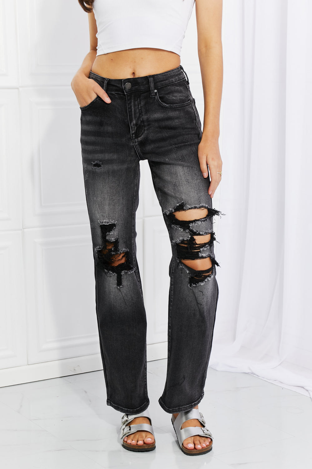 RISEN Full Size Lois Distressed Loose Fit Jeans Black Jeans JT's Designer Fashion