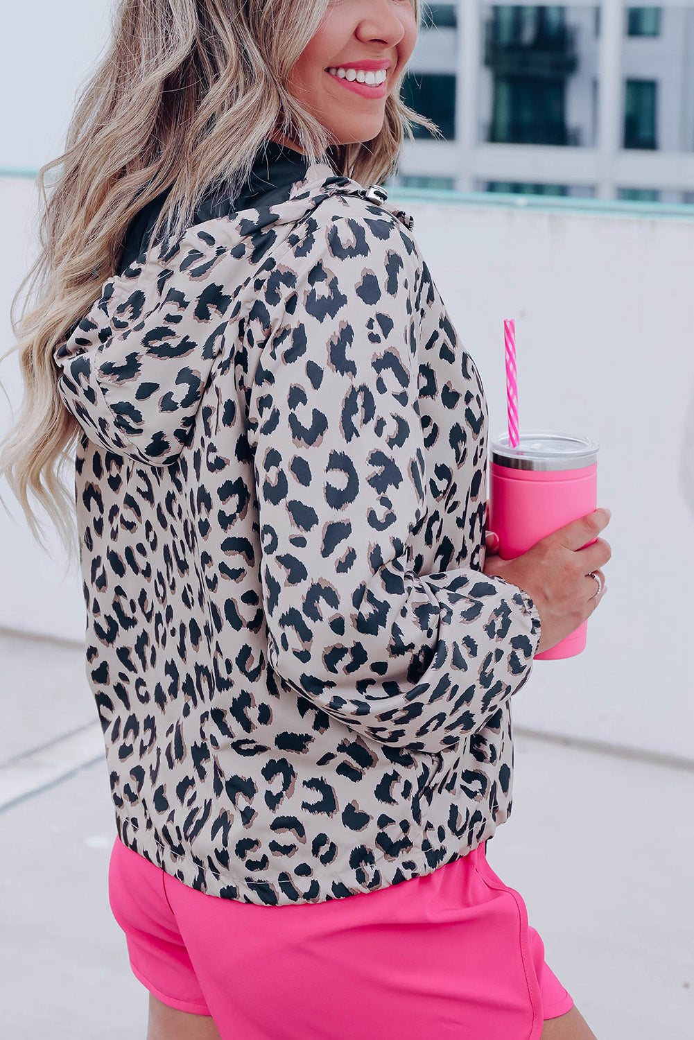 Leopard Zip up Collared Hooded Windbreaker Outerwear JT's Designer Fashion