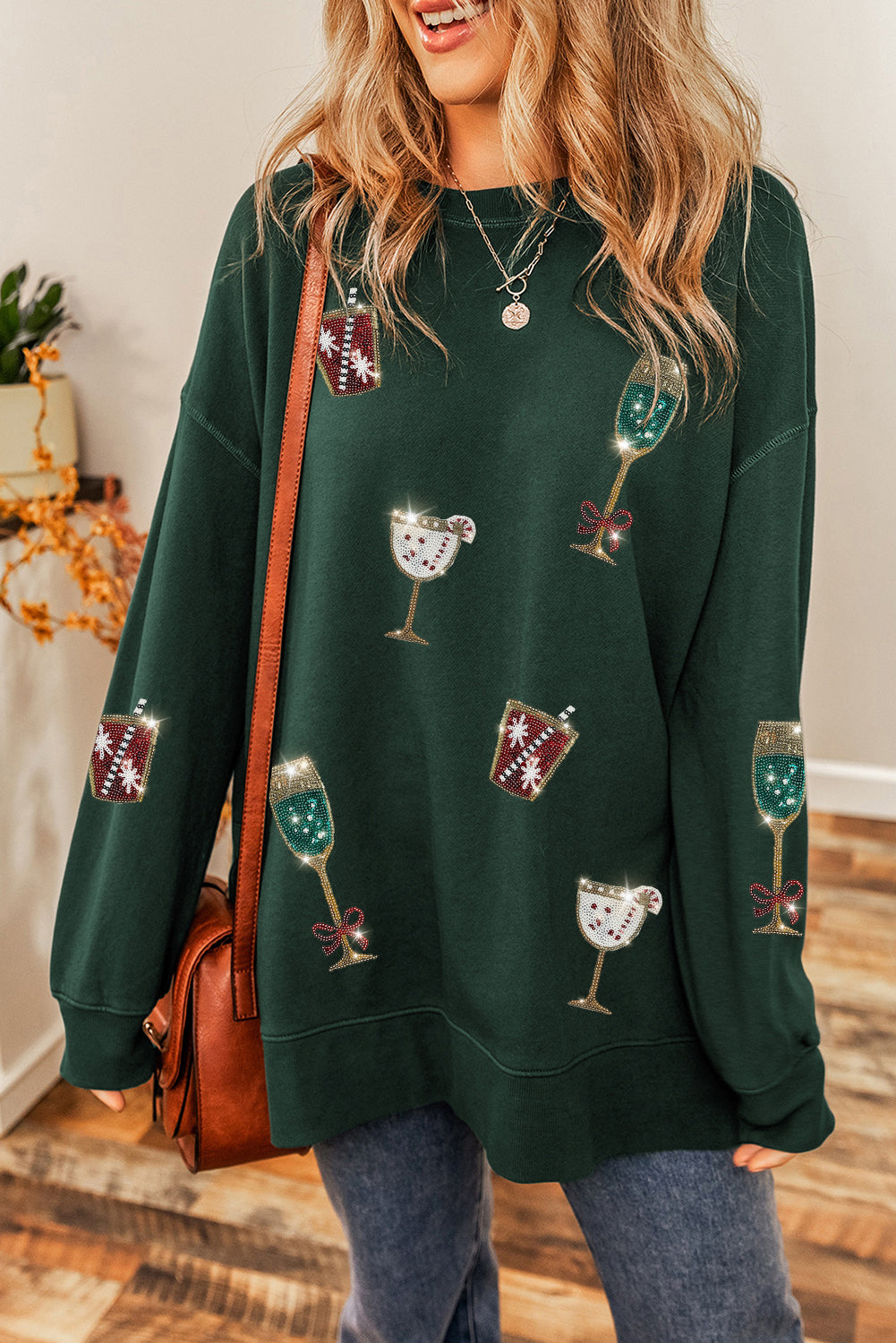 Duffel Green Christmas Drinks Print Oversized Pullover Sweatshirt Graphic Sweatshirts JT's Designer Fashion