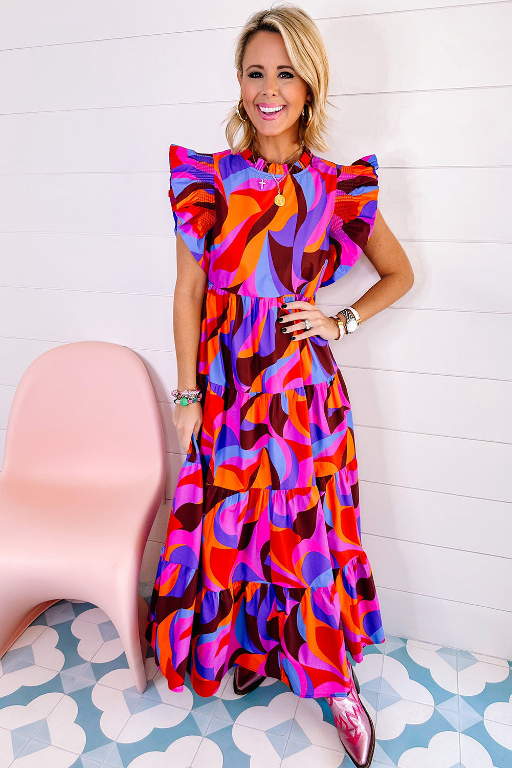 Orange Abstract Printed High Waist Ruffle Tiered Long Dress Maxi Dresses JT's Designer Fashion