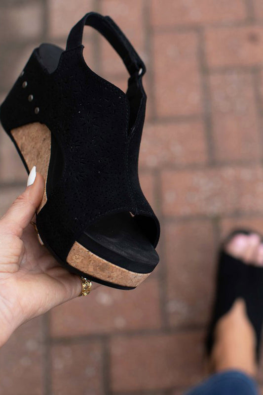 Black Leather Hollow Out Open Toe Wedge Sandals Sandals JT's Designer Fashion