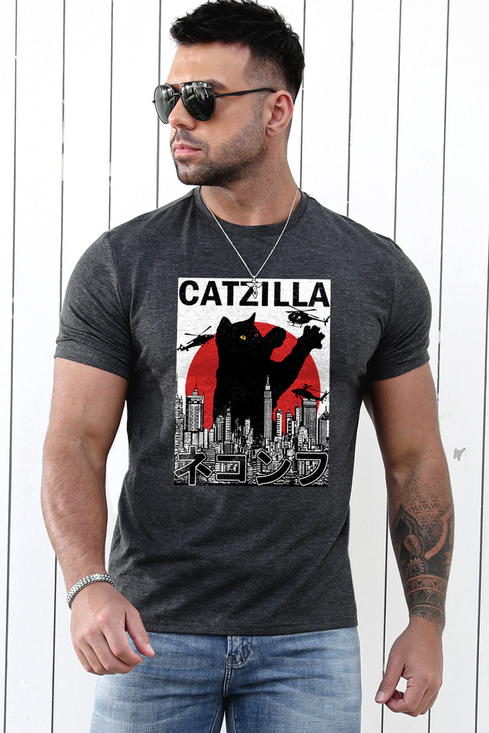 Gray Catzilla Cat Graphic Print Short Sleeve Men's T Shirt Men's Tops JT's Designer Fashion
