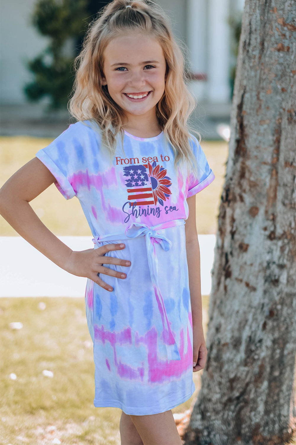 Multicolor American Flag Sunflower Tie Dye Print Girl's Mini Dress Family Dress JT's Designer Fashion