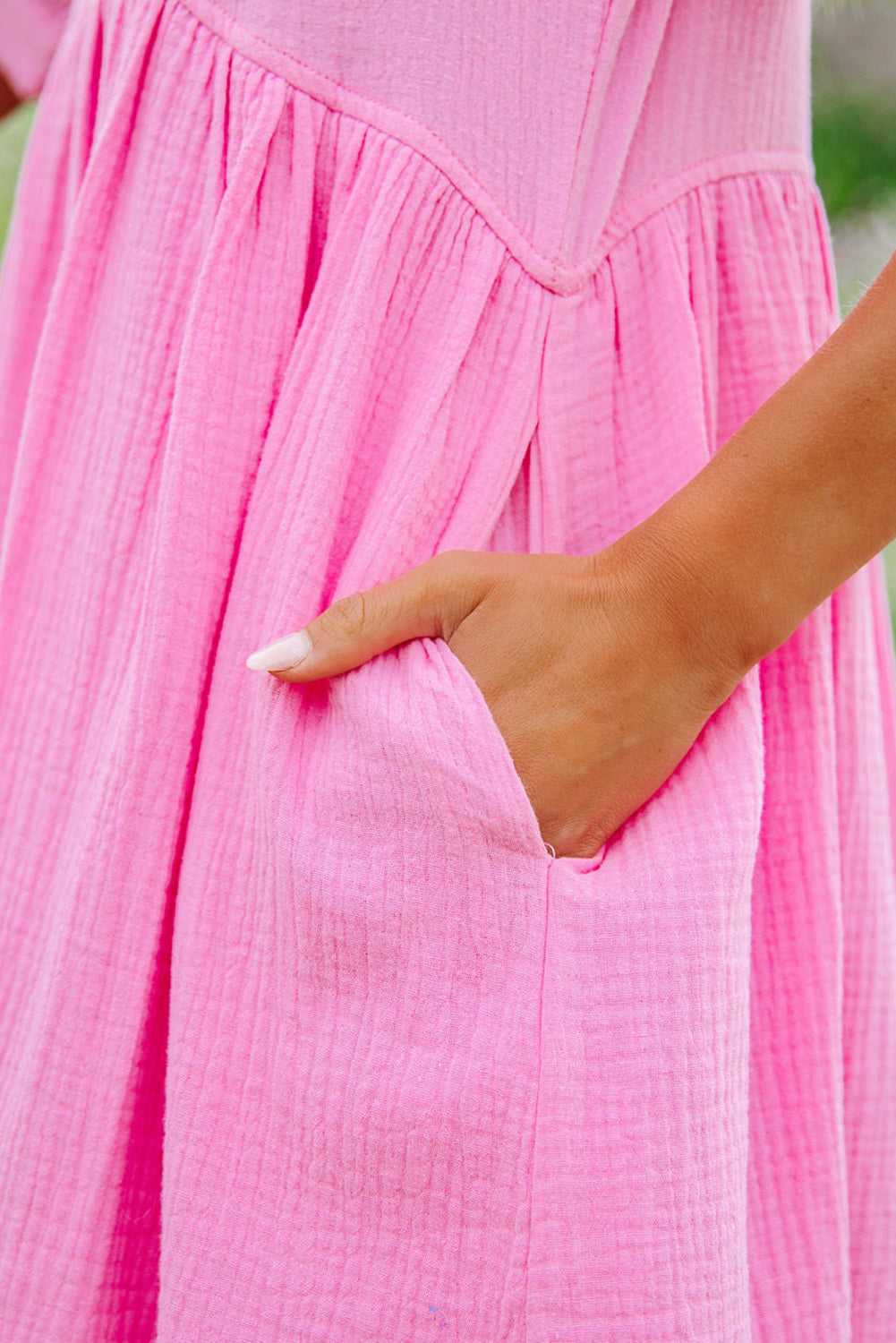 Pink Crinkle Bubble Sleeve Pocketed Mini Dress Dresses JT's Designer Fashion