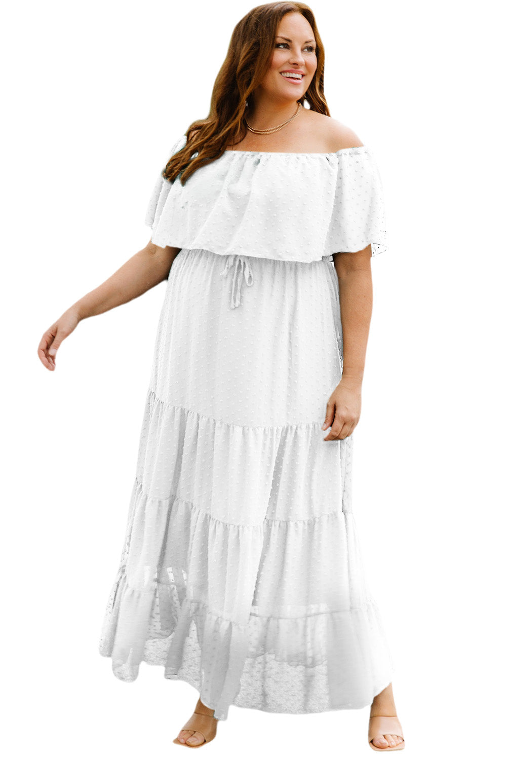 White Swiss Dot Plus Size Ruffle Tiered Maxi Dress Plus Size Dresses JT's Designer Fashion