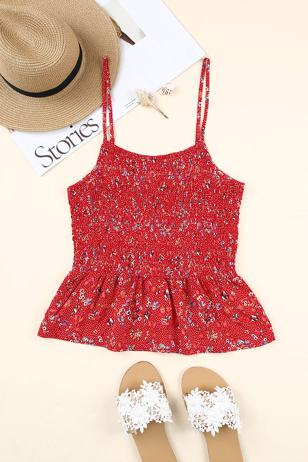 Fiery Red Floral Print Smocked Flounce Spaghetti Strap Camisole Tank Tops JT's Designer Fashion