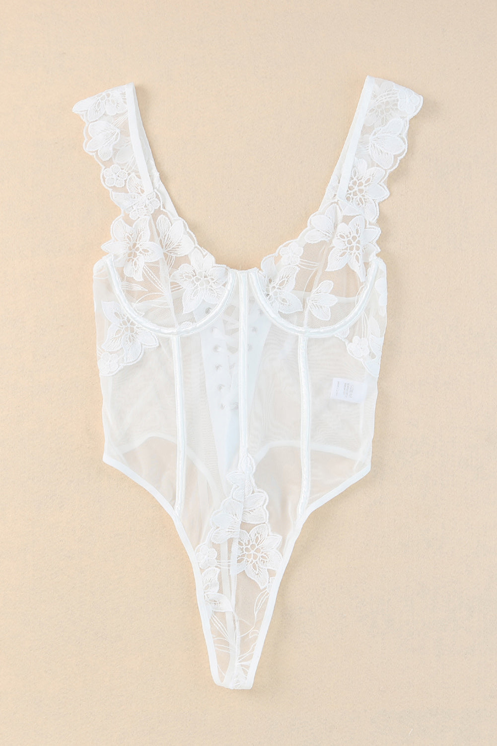 White Lily Floral Embroider Sheer Lace Up Teddy Teddy Lingerie JT's Designer Fashion
