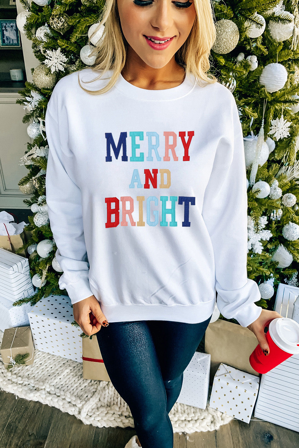 White MERRY AND BRIGHT Stitching Graphic Sweatshirt Graphic Sweatshirts JT's Designer Fashion