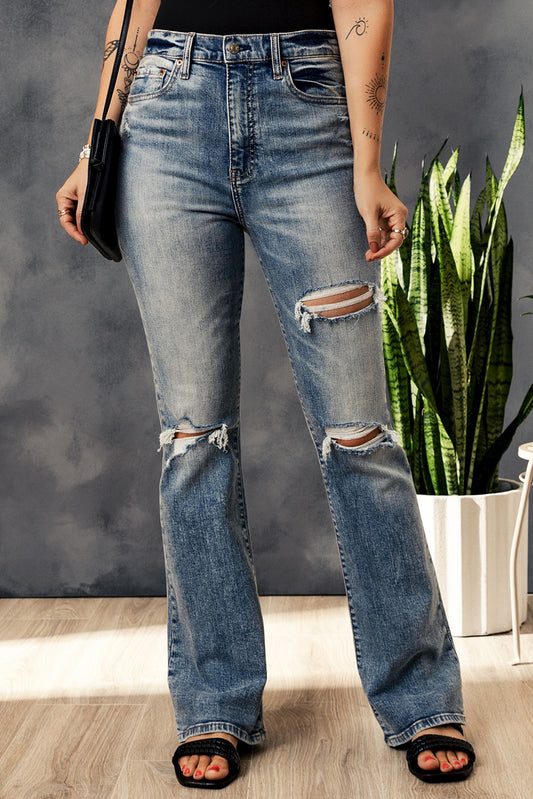 Blue Vintage Wash Open Knee Ripped Jeans Jeans JT's Designer Fashion