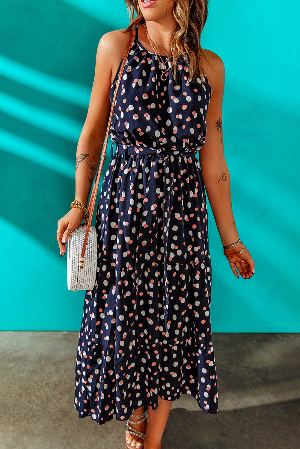 Blue Polka Dot Print Spaghetti Straps Maxi Dress Blue 95%Polyester+5%Elastane Maxi Dresses JT's Designer Fashion