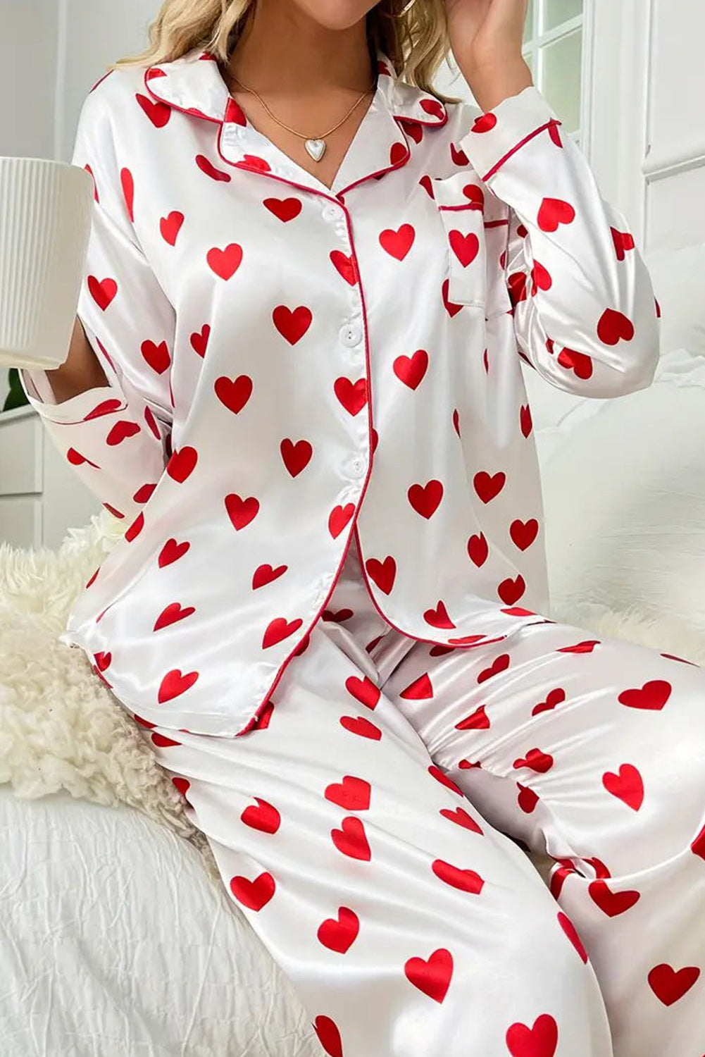 Red Valentine Heart Print Long Sleeve and Pants Pajamas Set Pre Order Loungewear JT's Designer Fashion