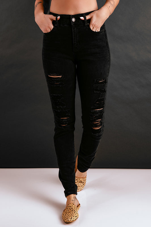 Black Distressed Ripped Slim High Waist Jeans Black Jeans JT's Designer Fashion