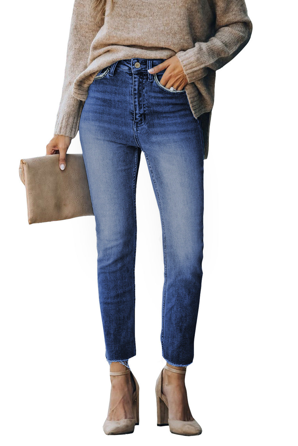 Blue High Waist Ankle-Length Skinny Jeans Jeans JT's Designer Fashion