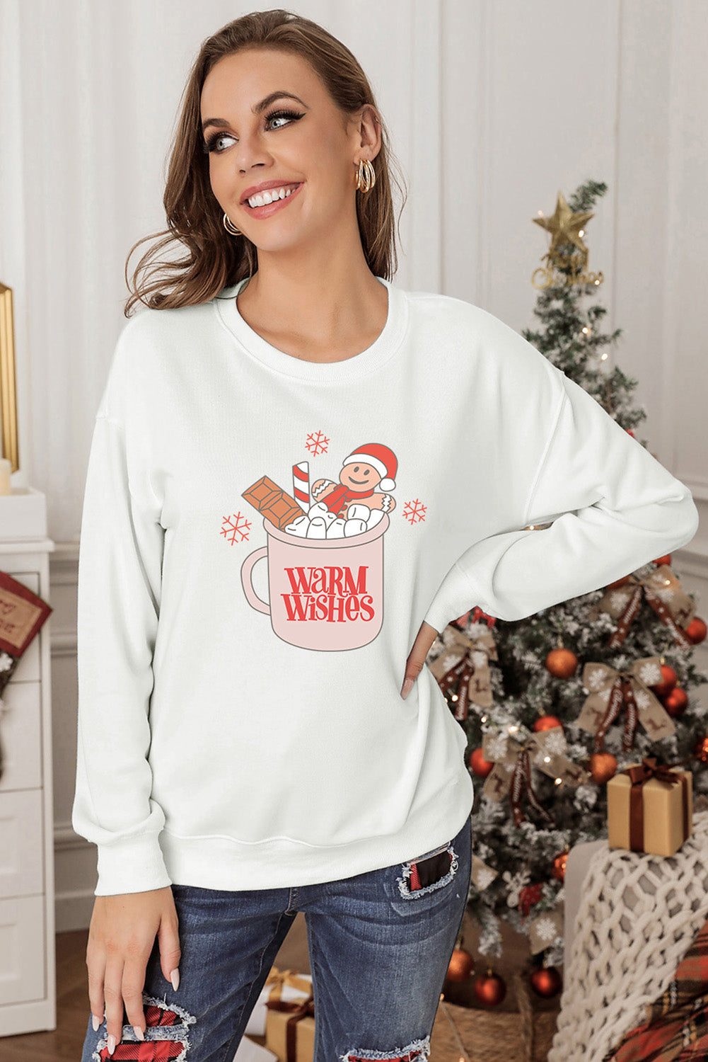 Beige WARM WISHES Christmas Graphic Pullover Sweatshirt Graphic Sweatshirts JT's Designer Fashion
