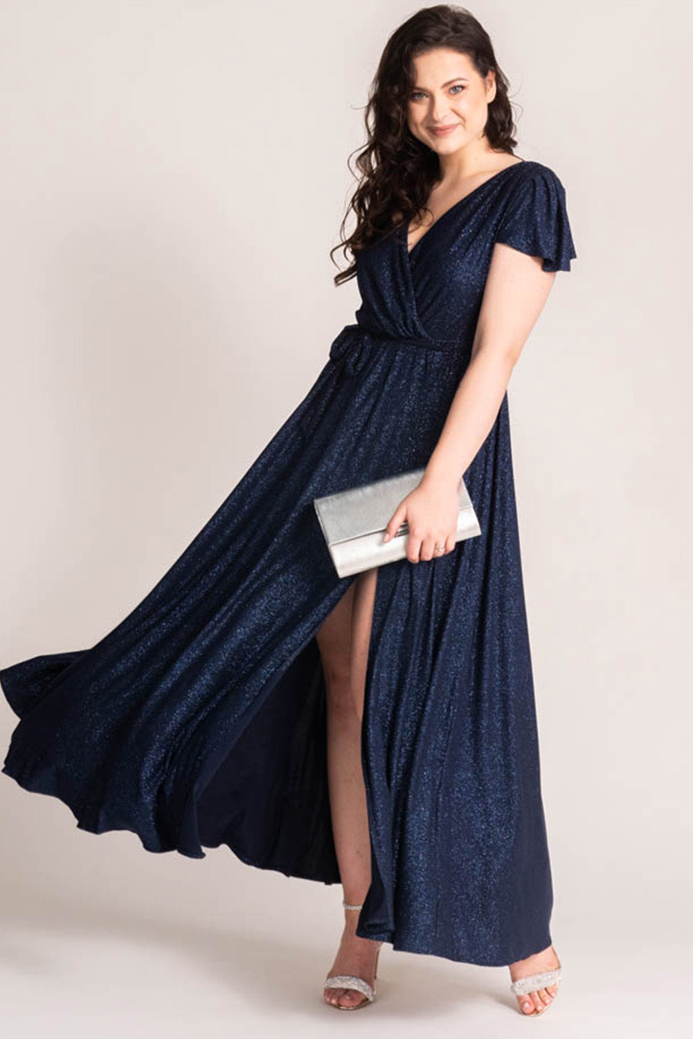 Blue Flutter Sleeve Wrap V Neck Plus Size Belted Dress Plus Size Dresses JT's Designer Fashion