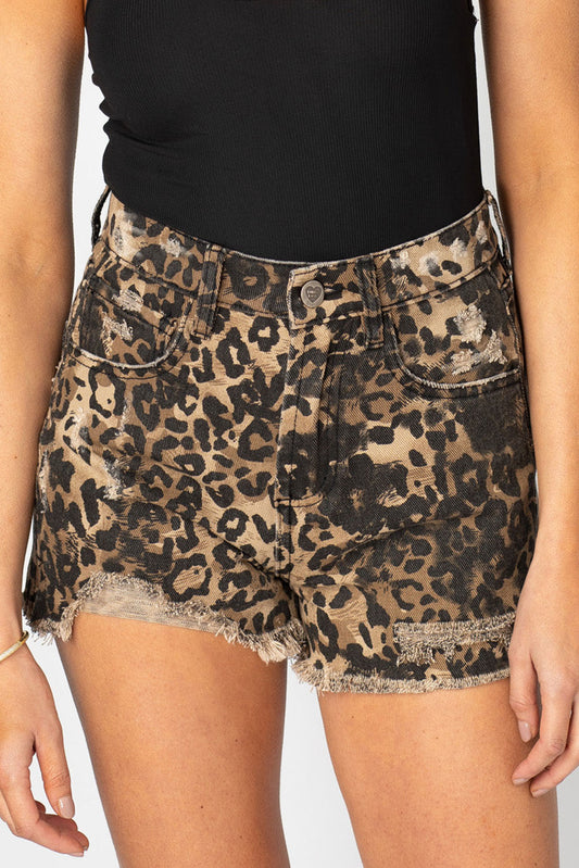 Brown Leopard Print Ripped Denim Shorts Brown 98%Cotton+2%Elastane Denim Shorts JT's Designer Fashion