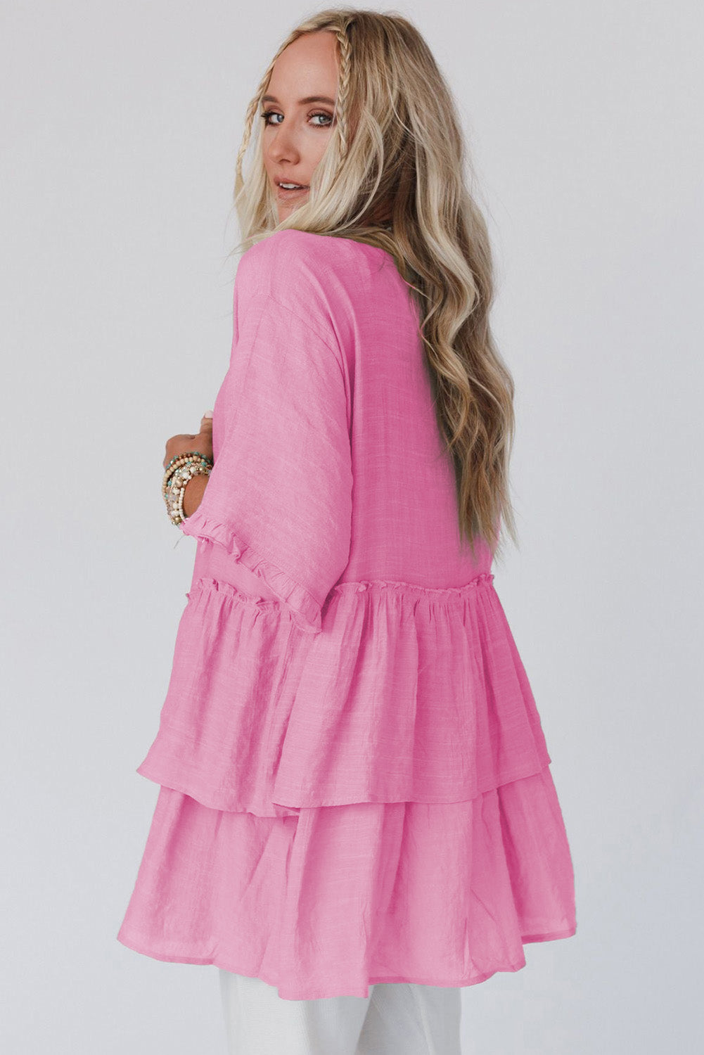 Pink Green Ruffled Trim Half Sleeve Open Front Kimono Outerwear JT's Designer Fashion