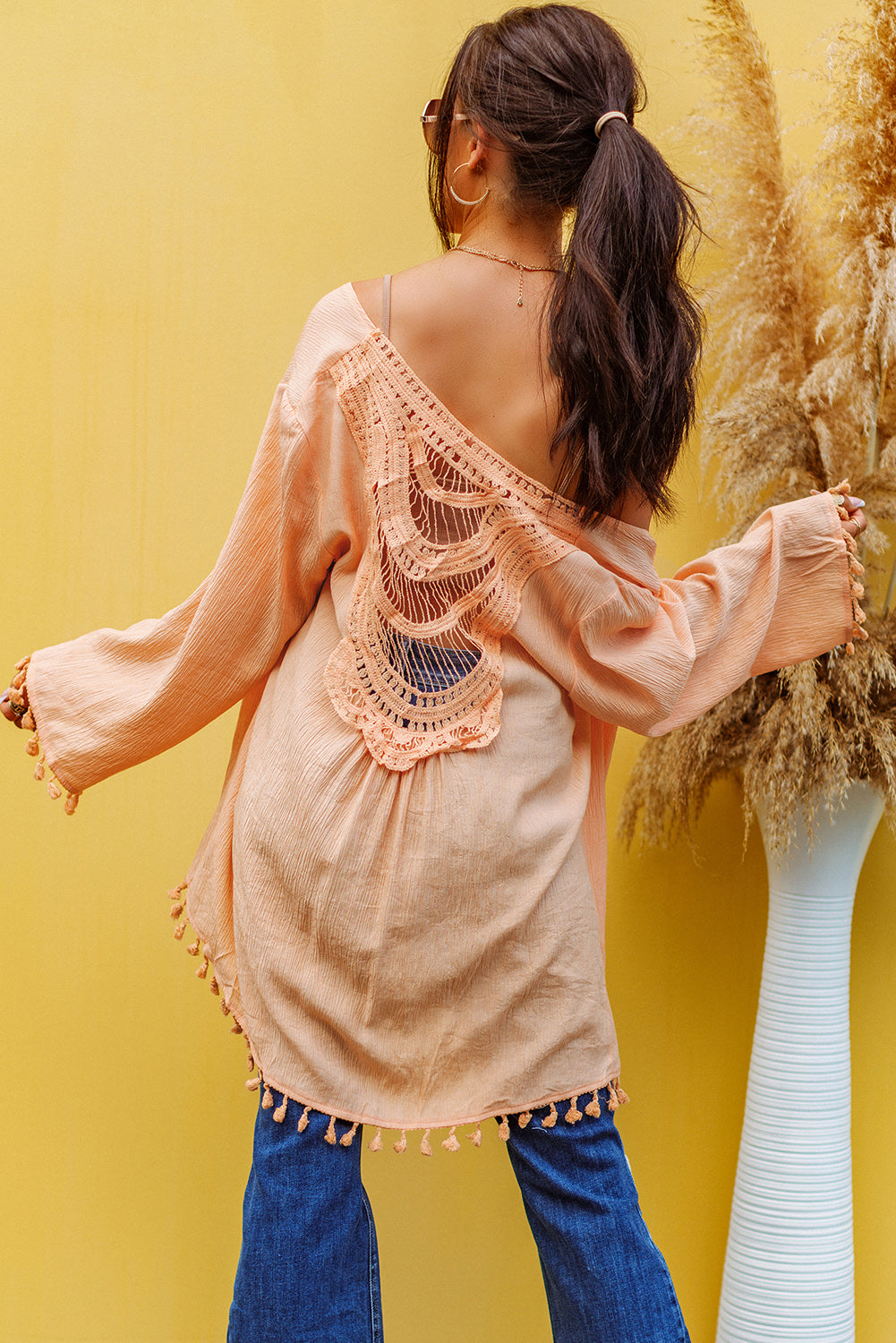 Apricot Crochet Tassel Beach Cover up Kimonos JT's Designer Fashion