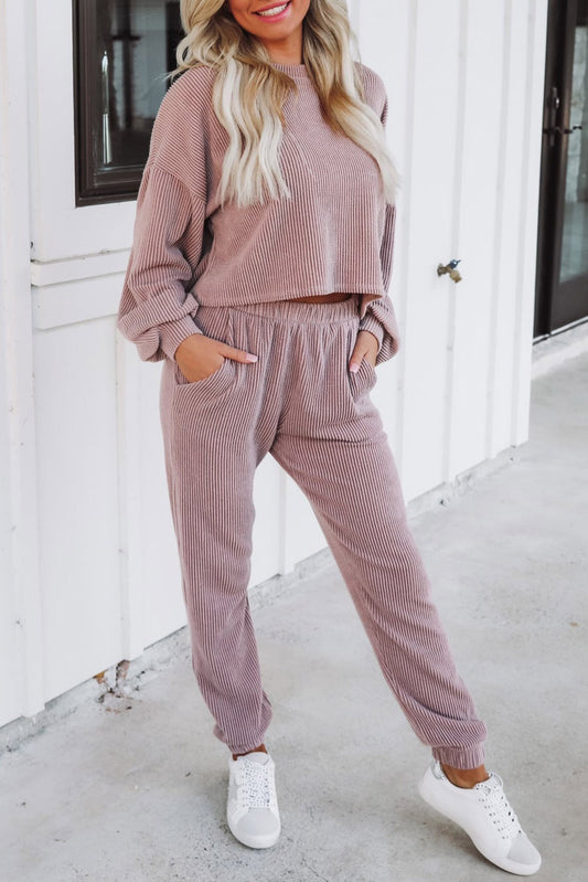 Apricot Powder Ribbed Two Piece Pullover and Joggers Lounge Set Bottoms JT's Designer Fashion