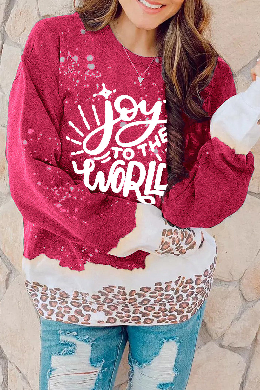 Fiery Red Joy To The World Leopard Print Loose Sweatshirt Graphic Sweatshirts JT's Designer Fashion