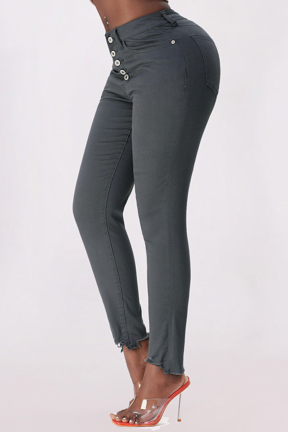 Gray Plain High Waist Buttons Frayed Cropped Denim Jeans Jeans JT's Designer Fashion