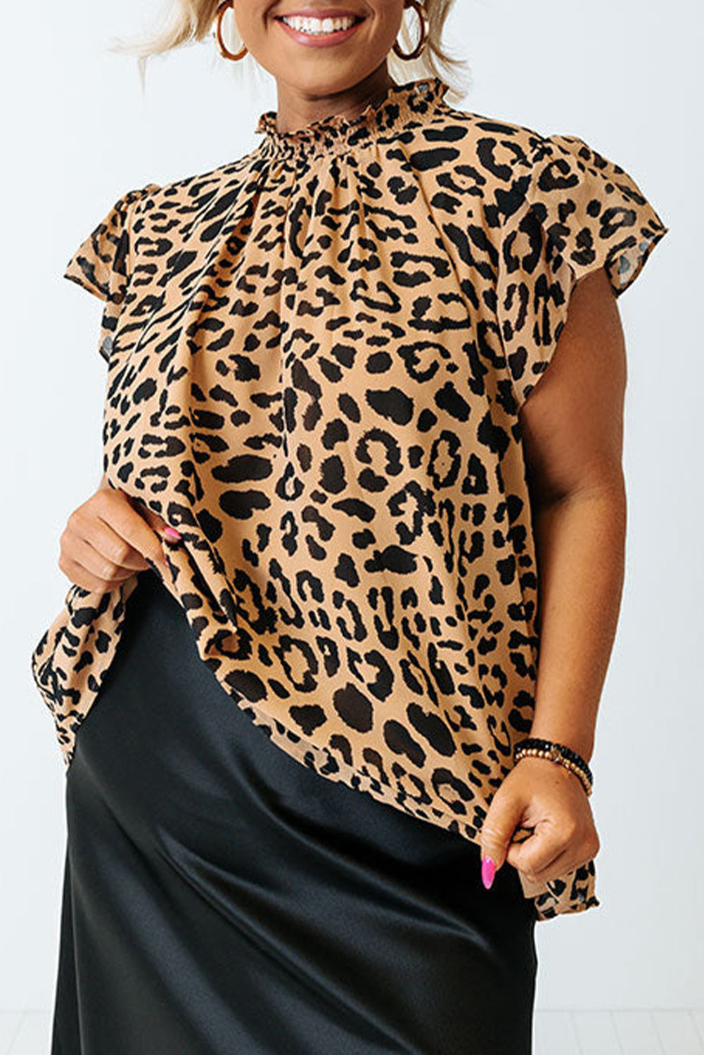 Plus Size Leopard Ruffle Short Sleeve High Neck Blouse Plus Size Tops JT's Designer Fashion