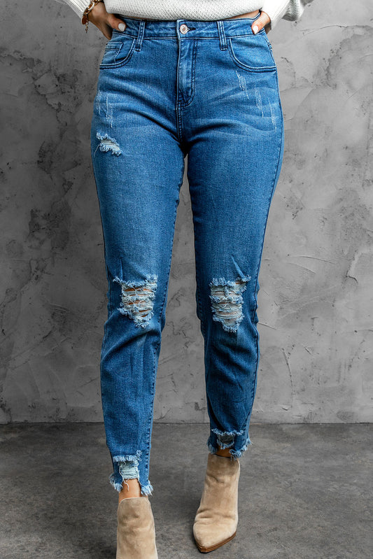 Ripped Slim Fit Washed Jeans Sky Blue 71%Cotton+27.5%Polyester+1.5%Elastane Jeans JT's Designer Fashion