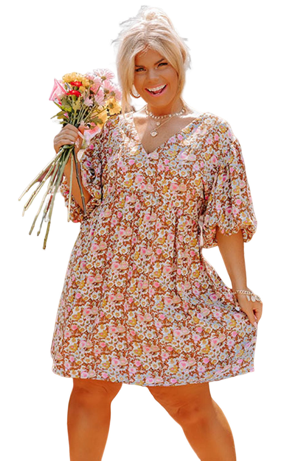 Multicolor Plus Size Floral Print Puff Sleeves Dress Plus Size Dresses JT's Designer Fashion