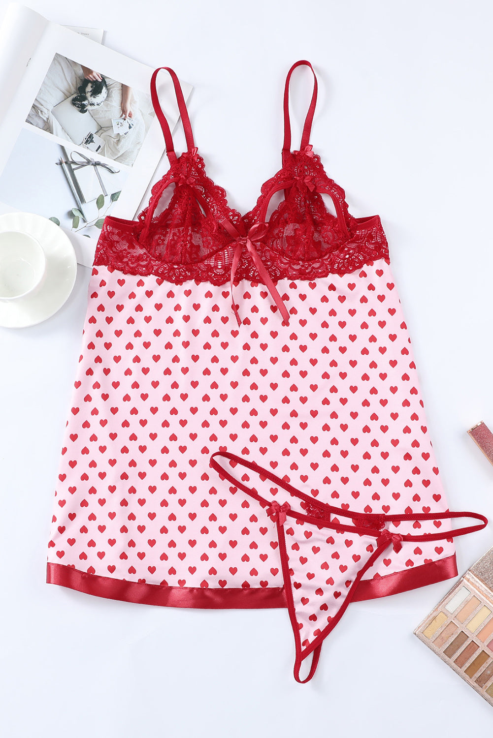 Red Heart Shape Print Lace Crochet Babydoll Set Babydolls & Chemises JT's Designer Fashion