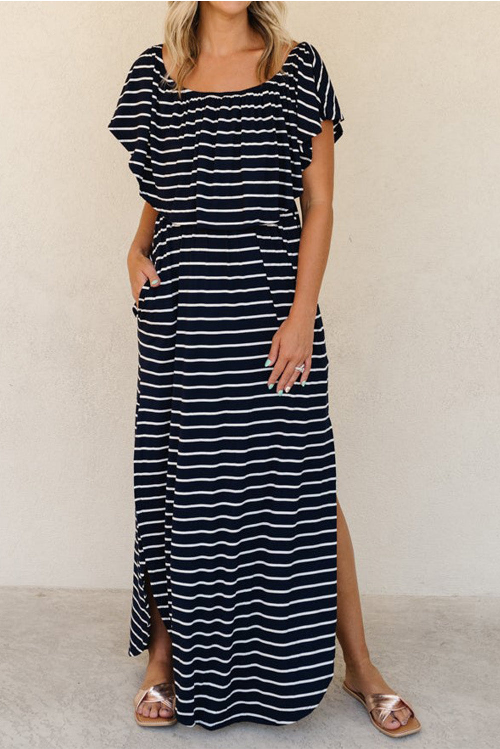 Blue Striped Print Ruffled High Waist Maxi Dress with Side Splits Blue 95%Polyester+5%Elastane Maxi Dresses JT's Designer Fashion