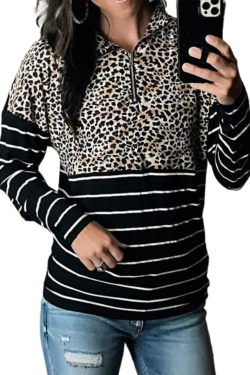 Leopard Striped Zipper Pullover Sweatshirt Sweatshirts & Hoodies JT's Designer Fashion
