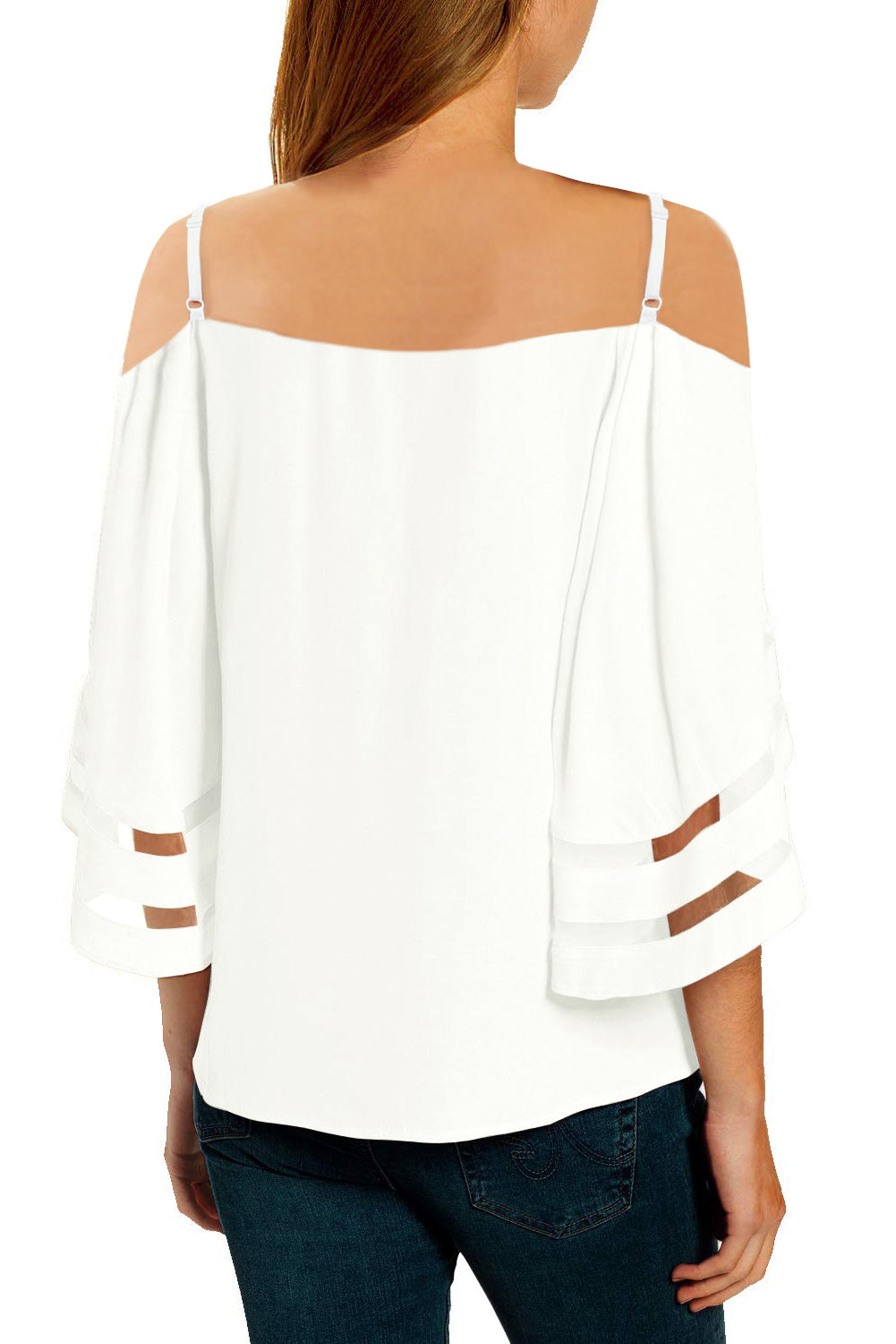 White Spaghetti Straps Cold Shoulder Mesh Insert Bell Sleeve Blouse Blouses & Shirts JT's Designer Fashion