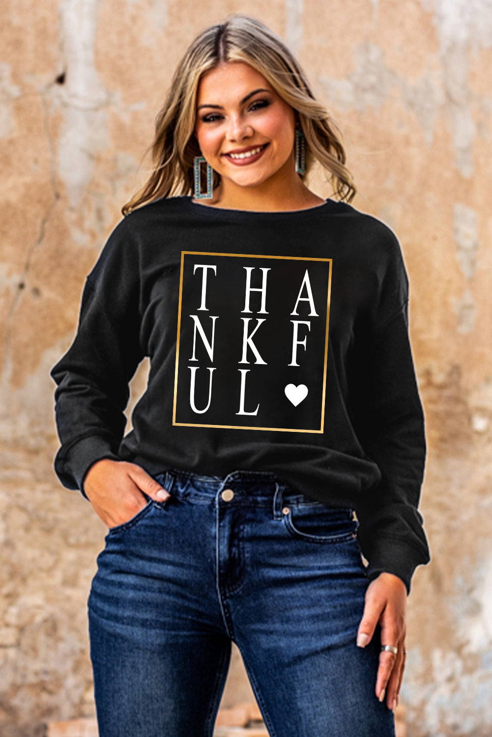 Black THANKFUL Heart Print Long Sleeve Sweatshirt Graphic Sweatshirts JT's Designer Fashion