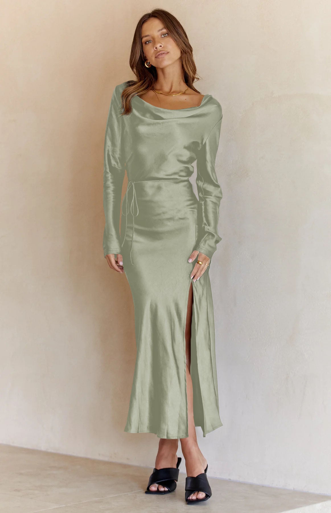 Green Drape Neck Tie Waist Long Sleeve Slit Dress Maxi Dresses JT's Designer Fashion